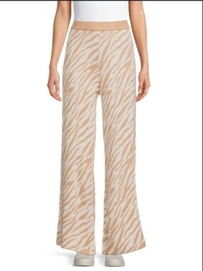 Beige Zebra-Print Wide-Leg Knit Pants